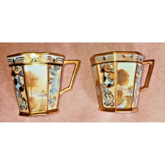 Antique Nippon Hand Painted Porcelain Chocolate Cups Marked Gold Gilt Blue - Picture 2 of 8